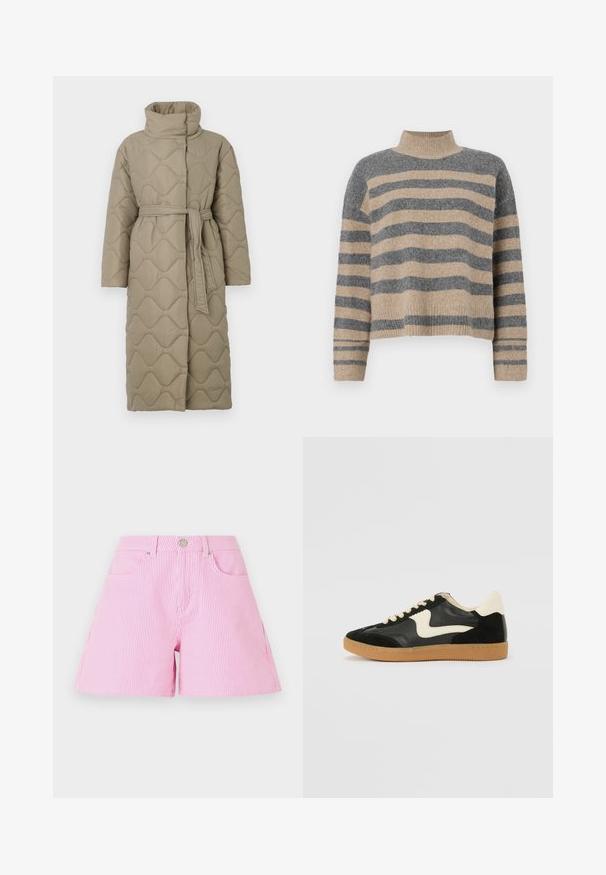 Ilgas taupe spalvos siuvinėtas paltas su aukštu apykakle ir derančiu audinio diržu, suvytu juosmenyje, su banguotu raštu siuvinėjimu visame paviršiuje.; Dryžuotas mezginys su pilkos ir smėlio spalvomis, aukštu kaklu, plačiomis rankovėmis su atvartais ir laisvu siluetu, trumpesnio ilgio.; Rožinės ir baltos dryžuotos šortai su mygtuku ir užtrauktuku, turi priekinėse pūkuotėse kišenes ir laisvą siluetą. Pagaminti iš medvilnės, pasižymi lygiu paviršiumi.; Juodos zomšo ir odos sportinės bateliai su kreminiu šoniniu swoosh ir šviesiai kreminiu kulnu. Ypatybės - smėlio spalvos raišteliai ir guminis padas.