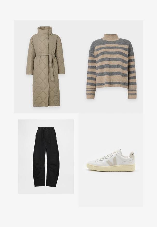 Lange taupe gekwiltde jas met hoge kraag en bijpassende stoffen riem die om de taille is geknoopt, met golfpatroon stiksel over het geheel.; Gestreepte gebreide trui met grijze en beige kleuren, hoge hals, brede mouwen met manchetten en een relaxte pasvorm met een cropped ontwerp.; Zwarte, wijde denim broek met een elastische tailleband met koord, zijzakken en details op de knieën.; Witte leren sneaker met beige suède accenten, geperforeerde neus, platte veters en een gestructureerde crèmekleurige zool. Heeft subtiele branding op de hak.