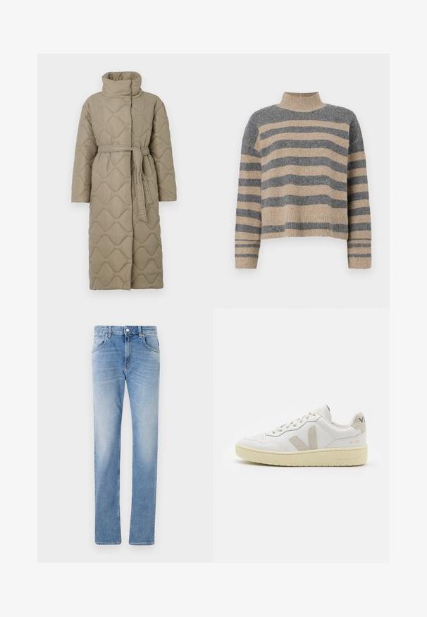 Casaco longo em taupe, acolchoado, com gola alta e cinto de tecido a condizer atado à cintura, apresentando um acolchoado em padrão de ondas por toda a parte.; Sweater de malha às riscas com cores cinza e bege, gola alta, mangas largas com punhos e um corte solto com design cropped.; Calças de ganga de algodão azul claro com corte reto, apresentando cinco bolsos, fecho frontal com botão e desbotamento suave em toda a peça.; Sapatilha de couro branca com detalhes em camurça bege, biqueira perfurada, atacadores planos e sola texturizada creme. Apresenta uma marcação subtil no calcanhar.
