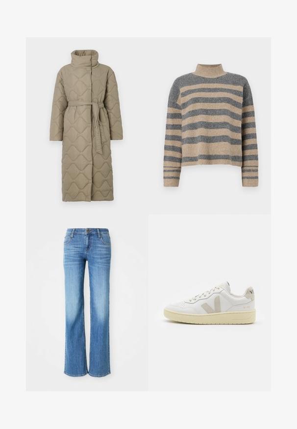 Dolga taupe puhovka s visokim ovratnikom in pasom iz iste tkanine, zavezanim na pasu, ki vsebuje šivane vzorce valov v celotni dolžini.; Prajčast pulover z šivi v sivi in bež barvi, visokim ovratnikom, širokimi manšetami in sproščenim krojem s skrajšano zasnovo.; Svjetloplave traperice, s ravnim krojem, pet džepova i klasičnim kopčanjem na dugme s oznakom brenda na pojasu.; Bela usnjena tenisača z bež semiš poudarki, perforiranim prednjim delom, ravnimi vezalkami in strukturiranim kremnim podplatom. Ima diskretno blagovno znamko na peti.