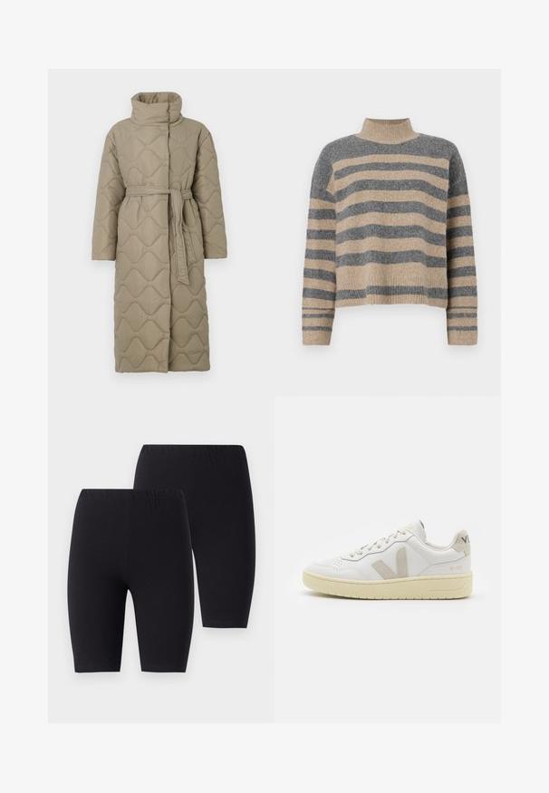 Hosszú taupe színű steppelt kabát magas gallérral és azonos anyagból készült övvel, amely a deréknál van megkötve, hullámmintás varrással az egész felületen.; Csíkos kötött pulóver szürke és bézs színekkel, magas gallérral, széles mandzsettás ujjal és laza, rövidített fazonnal.; Fekete pamut kerékpáros nadrág, rugalmas derékkal, sima felülettel és térdhez érő hosszúsággal. Két pár egymás mellett látható.; Fehér bőr sneaker bézs velúr részletekkel, perforált orr résszel, lapos fűzőkkel és textúrált krémszínű talppal. Finom márkajelzés található a sarkán.