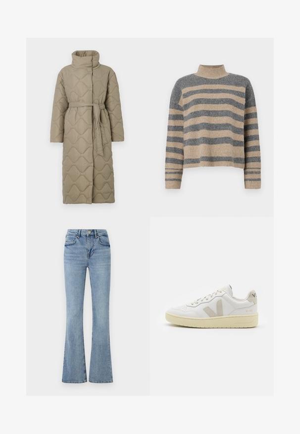 Pitkä taupe-värinen tikattu takki, jossa on korkea kaulus ja samaa kangasta oleva vyö solmittuna vyötärölle. Takissa on aallokkomuotoista tikkausta koko matkalta.; Raidallisen neulepaidan harmaan ja beigen sävyiset värit, korkea kaulus, leveät hihansuut ja rento istuvuus lyhyellä leikkauksella.; Vaaleansiniset farkut, joissa on korkea vyötärö, etudivä ja vetoketju, viisi taskua ja hieman levenevät lahkeet.; Valkoiset nahkakengät, joissa on vaaleanruskeat pigmenttisuojat, rei'itetty kärki, litteät nauhat ja teksturoitu kermaisa pohja. Takana on huomaamaton brändäys.