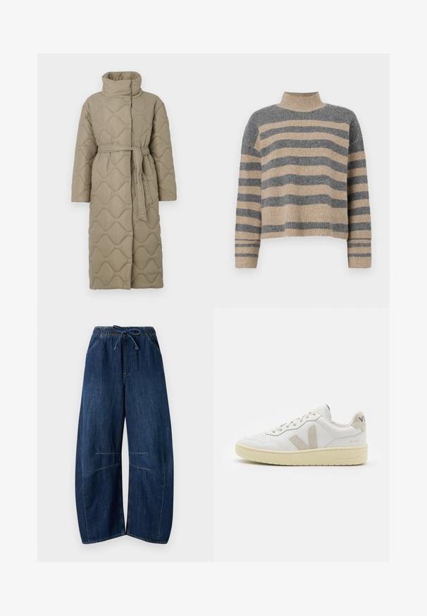 Pikk taupe värvi tikitud mantel kõrge kraega ja sobiva materjalist vööga, mis on seotud vöökohal, ning kogu ulatuses on lainelise mustriga tikand.; Triibuline kudumipusa, millel on hallid ja beezid toonid, kõrge kaelus, laiad mansetid ja vabalt langev lõige koos lühendatud disainiga.; Tumedatega denim püksid tumepunases. Omavad elastset vöökohta koos nööriga, kahte külgtaskut ja kontrastset õmblemist.; Valge nahast tenniseking, millel on beežist siidist aktsent ja aukudega varvas, lame paelad ja tekstureeritud koorevärvi tallad. Omab nüansirikast brändimist kannal.