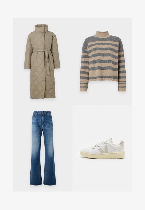 Hosszú taupe színű steppelt kabát magas gallérral és azonos anyagból készült övvel, amely a deréknál van megkötve, hullámmintás varrással az egész felületen.; Csíkos kötött pulóver szürke és bézs színekkel, magas gallérral, széles mandzsettás ujjal és laza, rövidített fazonnal.; Kék farmernadrág, enyhén bővülő szárakkal, kopott mosással, öt zsebes kivitelben, övhurkokkal és elől gombos záródással. Sima textúra és klasszikus fazon.; Fehér bőr sneaker bézs velúr részletekkel, perforált orr résszel, lapos fűzőkkel és textúrált krémszínű talppal. Finom márkajelzés található a sarkán.