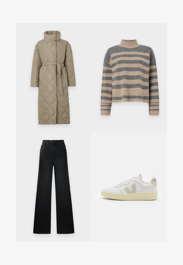 Ilgas taupe spalvos siuvinėtas paltas su aukštu apykakle ir derančiu audinio diržu, suvytu juosmenyje, su banguotu raštu siuvinėjimu visame paviršiuje.; Dryžuotas mezginys su pilkos ir smėlio spalvomis, aukštu kaklu, plačiomis rankovėmis su atvartais ir laisvu siluetu, trumpesnio ilgio.; Plačiakio juodos džinsinės kelnės su prigludusia juosmens linija, turinčios diržo kilpas, priekinės ir galinės kišenės, bei glotnų paviršių.; Balti odiniai sportbačiai su kreminiais zomšos akcentais, perforuota pirštų dalimi, plokščiomis raišteliais ir struktūruota kreminėmis padomis. Ant kulno yra subtilus ženklinimas.