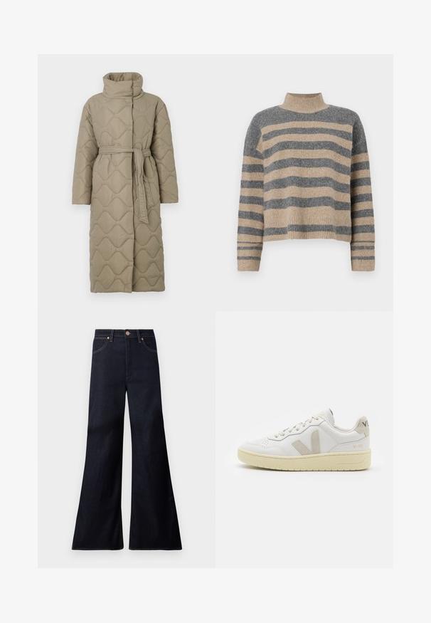Lange taupe gekwiltde jas met hoge kraag en bijpassende stoffen riem die om de taille is geknoopt, met golfpatroon stiksel over het geheel.; Gestreepte gebreide trui met grijze en beige kleuren, hoge hals, brede mouwen met manchetten en een relaxte pasvorm met een cropped ontwerp.; Donkerblauwe wijde jeans van denim. Kenmerken zijn een sluiting met een frontknop, koperen hardware en contrasterende stiksels langs de naden.; Witte leren sneaker met beige suède accenten, geperforeerde neus, platte veters en een gestructureerde crèmekleurige zool. Heeft subtiele branding op de hak.
