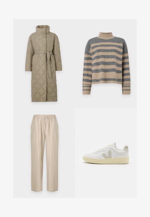 Ilgas taupe spalvos siuvinėtas paltas su aukštu apykakle ir derančiu audinio diržu, suvytu juosmenyje, su banguotu raštu siuvinėjimu visame paviršiuje.; Dryžuotas mezginys su pilkos ir smėlio spalvomis, aukštu kaklu, plačiomis rankovėmis su atvartais ir laisvu siluetu, trumpesnio ilgio.; Šviesiai rudos, lengvos kelnės su elastinga juostele ir reguliuojama raišteliu. Tiesioginio kirpimo modelis su švelnia tekstūra.; Balti odiniai sportbačiai su kreminiais zomšos akcentais, perforuota pirštų dalimi, plokščiomis raišteliais ir struktūruota kreminėmis padomis. Ant kulno yra subtilus ženklinimas.