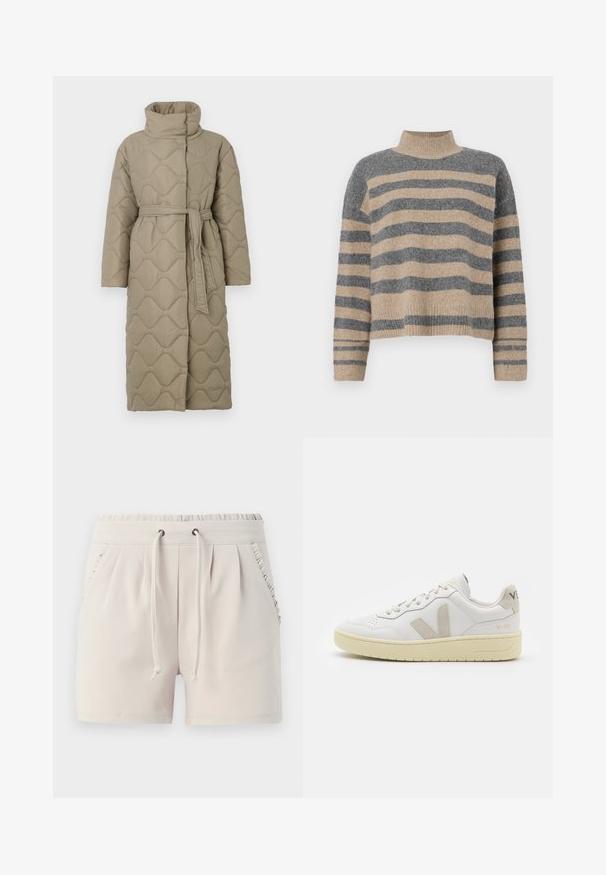 Manteau lung de culoare taupe, matlasat, cu guler înalt și curea din același material legată în talie, având o broderie în formă de valuri pe întreaga suprafață.; Pulover tricotat cu dungi, în culori gri și bej, guler înalt, mâneci late cu manșete și o croială lejeră cu un design scurt.; Pantaloni scurți bej deschis cu talie elastică, șnur, buzunare laterale și detalii cu volan pe marginile buzunarelor. Textură a materialului moale.; Pantofii sport din piele albă cu accente din suede bej, cutie pentru degete perforată, șireturi plate și o talpă texturată de crem. Prezintă branding subtil pe călcâi.