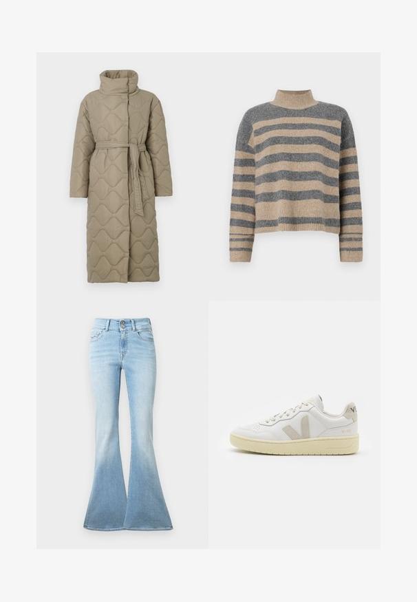 Abrigo largo en tono topo, acolchado, con cuello alto y cinturón de tela a juego atado en la cintura, que presenta un diseño de costura en patrón de olas en toda su superficie.; Suéter de punto a rayas en colores gris y beige, con cuello alto, mangas anchas con puños, y un corte relajado con un diseño recortado.; Jeans acampanados de color azul claro hechos de denim. Presentan una cintura alta con dos botones y un ligero desgaste hacia el dobladillo. Diseño clásico de cinco bolsillos.; Zapatilla de piel blanca con acentos de ante beige, caja de puntera perforada, cordones planos y suela texturizada en color crema. Cuenta con un branding sutil en el talón.