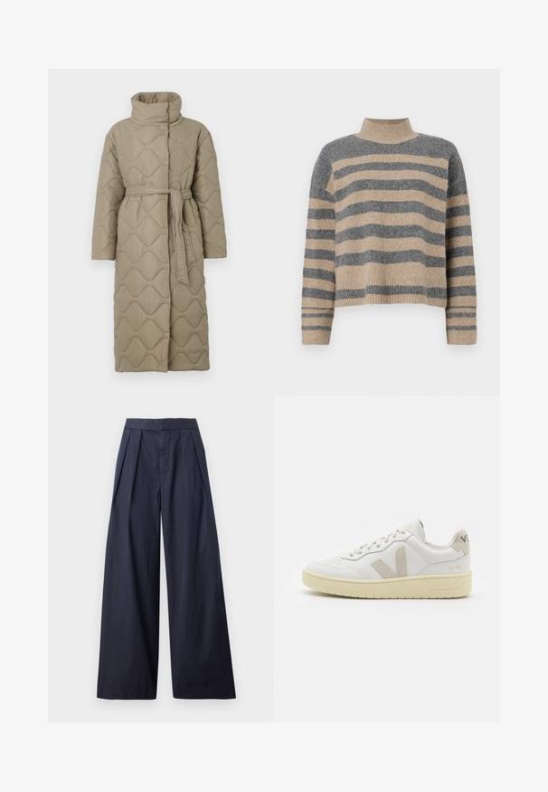 Dlouhý taupe prošívaný kabát s vysokým límcem a opaskem ze stejného materiálu svázaným v pase, se vzorem vlnkového šití po celém povrchu.; Pruhovaný pletený svetr v šedých a béžových barvách, s vysokým krkem, širokými rukávy s manžetami a uvolněným střihem s kráceným designem.; Námořnické široké kalhoty s sklady vpředu a prošitou gumou. Vyrobeno z hladkého, lehkého materiálu, s rovný střih a bez viditelné kovové výbavy.; Bílé kožené tenisky s béžovými semišovými akcenty, perforovanou špičkou, plochými tkaničkami a strukturovanou krémovou podešví. Obsahují jemné logo na patě.