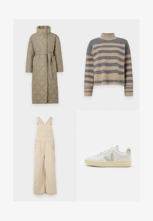 Dlouhý taupe prošívaný kabát s vysokým límcem a opaskem ze stejného materiálu svázaným v pase, se vzorem vlnkového šití po celém povrchu.; Pruhovaný pletený svetr v šedých a béžových barvách, s vysokým krkem, širokými rukávy s manžetami a uvolněným střihem s kráceným designem.; béžové pruhované lacláče s širokými nohavicemi, s nastavitelnými popruhy, kovovými knoflíky, předními kapsami a kapsou na prsou.; Bílé kožené tenisky s béžovými semišovými akcenty, perforovanou špičkou, plochými tkaničkami a strukturovanou krémovou podešví. Obsahují jemné logo na patě.