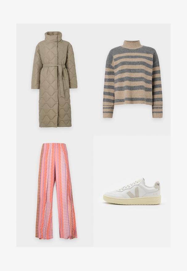 Langer taubefarbener gesteppter Mantel mit hohem Kragen und passendem Stoffgürtel, der in der Taille gebunden ist, mit Wellenmuster-Steppung. ; Gestreifter Strickpullover in Grau- und Beigetönen, mit hohem Kragen, breiten Bündchen an den Ärmeln und einer lockeren Passform im verkürzten Design.; Weite Hosen mit vertikalen Streifen in den Farbtönen Pink, Orange und Braun. Die Muster beinhalten florale und geometrische Designs.; Weiße Ledersneaker mit beigen Wildlederakzenten, perforierte Zehenbox, flache Schnürsenkel und eine strukturierte cremefarbene Sohle. Mit dezentem Branding an der Ferse.
