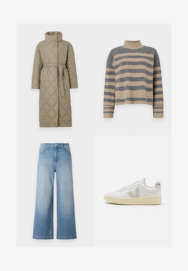 Dlouhý taupe prošívaný kabát s vysokým límcem a opaskem ze stejného materiálu svázaným v pase, se vzorem vlnkového šití po celém povrchu.; Pruhovaný pletený svetr v šedých a béžových barvách, s vysokým krkem, širokými rukávy s manžetami a uvolněným střihem s kráceným designem.; Světle modré denimové kalhoty s širokými nohavicemi, vysokým pasem, designem s pěti kapsami, viditelným šitím a knoflíkovým zapínáním na přední straně.; Bílé kožené tenisky s béžovými semišovými akcenty, perforovanou špičkou, plochými tkaničkami a strukturovanou krémovou podešví. Obsahují jemné logo na patě.