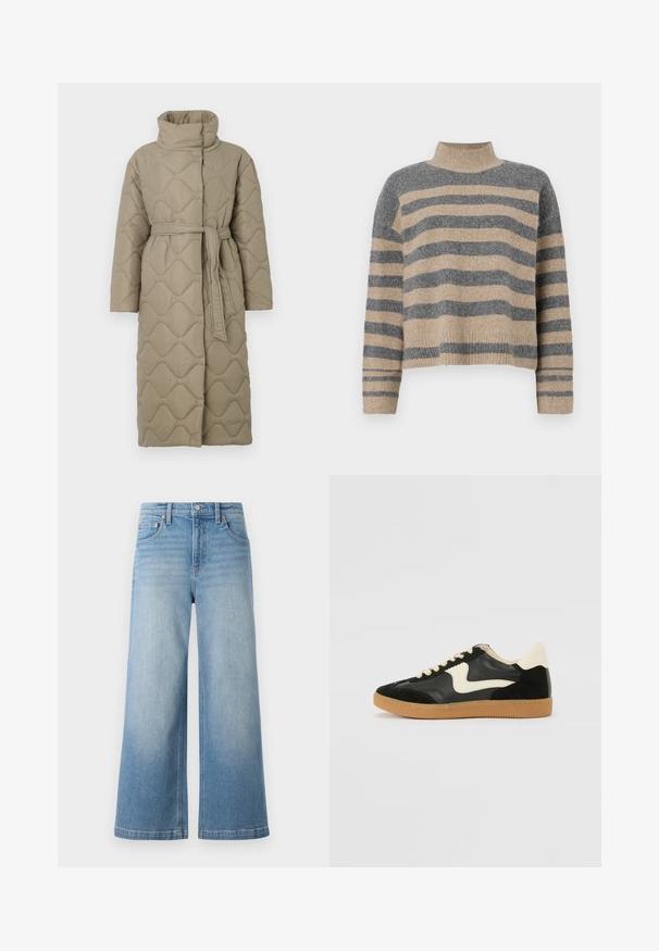 Pitkä taupe-värinen tikattu takki, jossa on korkea kaulus ja samaa kangasta oleva vyö solmittuna vyötärölle. Takissa on aallokkomuotoista tikkausta koko matkalta.; Raidallisen neulepaidan harmaan ja beigen sävyiset värit, korkea kaulus, leveät hihansuut ja rento istuvuus lyhyellä leikkauksella.; Vaaleansiniset leveälahkeiset farkut, joissa on korkea vyötärö, viisi taskua, näkyvät tikit ja nappikiinnitys edessä.; Mustat mokka- ja nahkakengät, joissa on kermaisen valkoinen sivupainatus ja vaalea kermaisine kantapää. Varustettu beigeillä nauhoilla ja kumista valmistetulla ulkopohjalla.