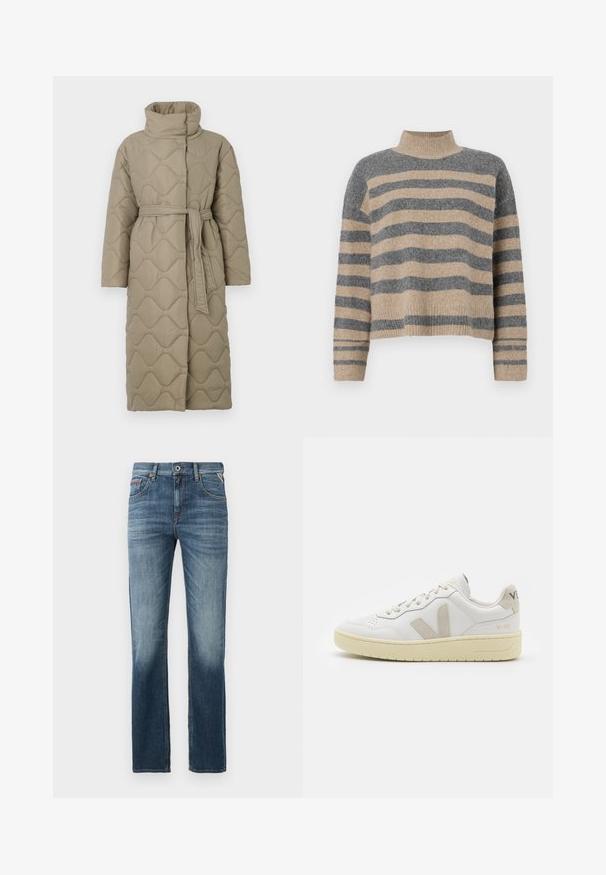 Pikk taupe värvi tikitud mantel kõrge kraega ja sobiva materjalist vööga, mis on seotud vöökohal, ning kogu ulatuses on lainelise mustriga tikand.; Triibuline kudumipusa, millel on hallid ja beezid toonid, kõrge kaelus, laiad mansetid ja vabalt langev lõige koos lühendatud disainiga.; Tumed sinine denimist teksapüksid, sirge lõikega, reite juures kerge fade efektiga ja kontrastpunutised. Klassikaline viie tasku kujundus ja tõmblukuga põhi.; Valge nahast tenniseking, millel on beežist siidist aktsent ja aukudega varvas, lame paelad ja tekstureeritud koorevärvi tallad. Omab nüansirikast brändimist kannal.