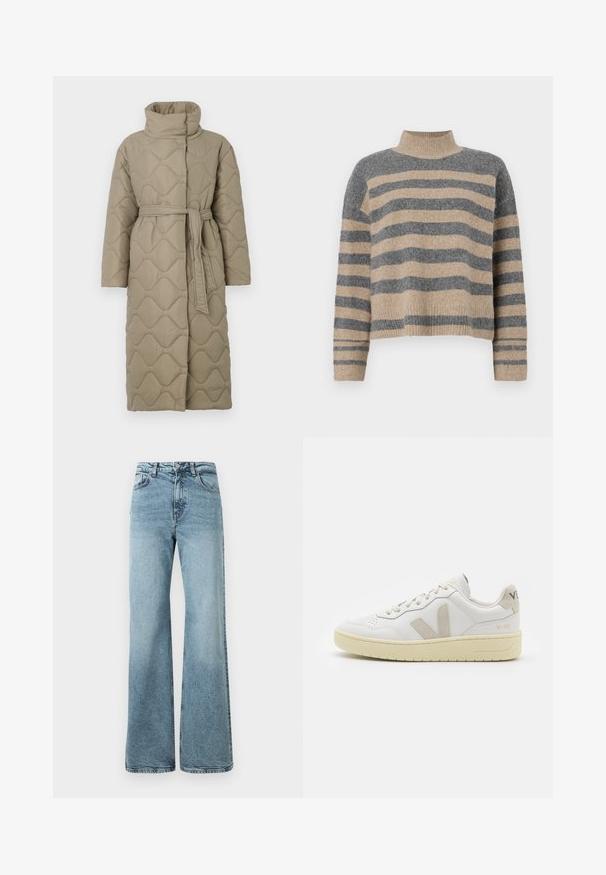 Dolga taupe puhovka s visokim ovratnikom in pasom iz iste tkanine, zavezanim na pasu, ki vsebuje šivane vzorce valov v celotni dolžini.; Prajčast pulover z šivi v sivi in bež barvi, visokim ovratnikom, širokimi manšetami in sproščenim krojem s skrajšano zasnovo.; Svijetloplave široke traperice s visokim strukom, pet džepova i zatvaračem na gumb. Glatka tekstura s izblijedjelim završetkom.; Bela usnjena tenisača z bež semiš poudarki, perforiranim prednjim delom, ravnimi vezalkami in strukturiranim kremnim podplatom. Ima diskretno blagovno znamko na peti.