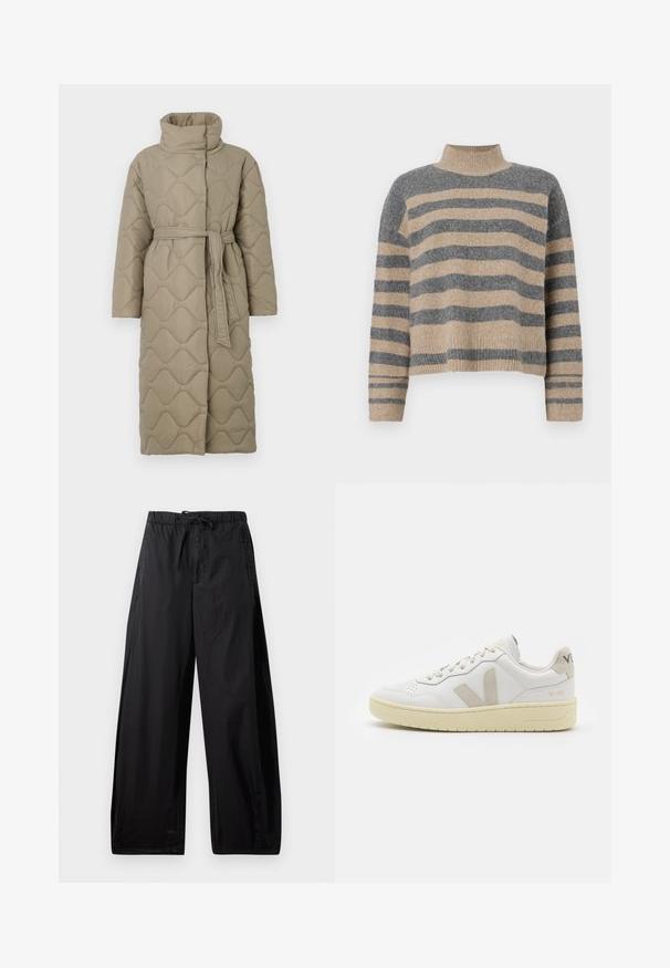 Garšs pelēkbrūns quiltēts mētelis ar augstu apkakli un atbilstošu auduma jostu, kas sasieta ap vidukli, ar viļņu raksta šuvēm visā virsmā.; Raitaināta džemperis ar pelēkajām un bežām krāsām, augstu apkakli, platām aprocēm un brīvu piegriezumu ar īsu dizainu.; Melni, viegli, elastīgas jostas bikses ar auklu, kas piedāvā brīvu piegriezumu un gludu tekstūru. Nav redzamu rakstu vai detaļu.; Baltas ādas sporta apavu pāris ar bēšiem zamša akcentiem, caurumiņu purngalā, plakanu šņorēšanu un teksturētu krēmkrāsas zoli. Iezīmējas ar diskrētu zīmolu uz papēža.