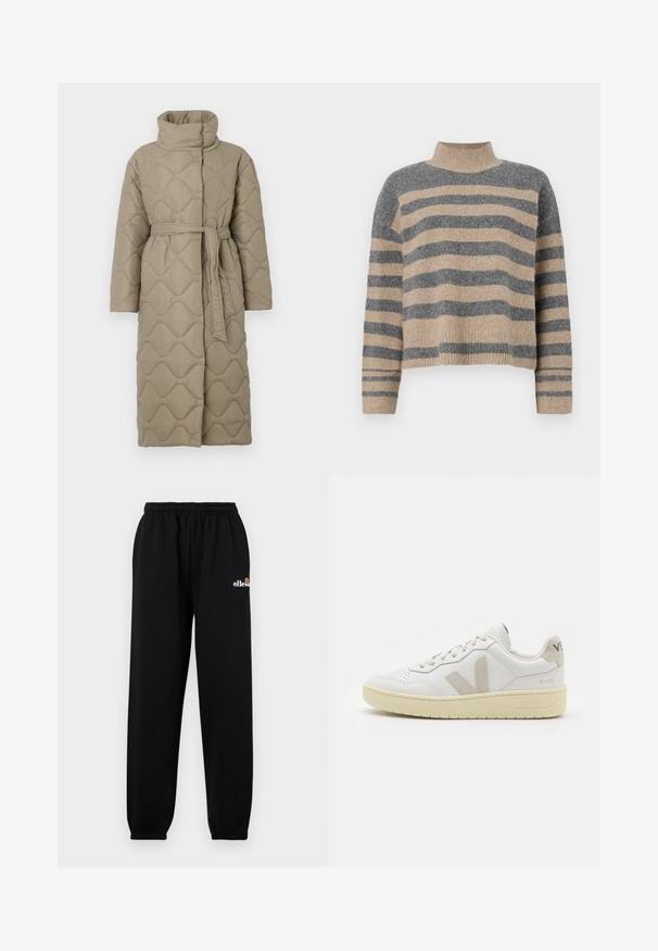 Ilgas taupe spalvos siuvinėtas paltas su aukštu apykakle ir derančiu audinio diržu, suvytu juosmenyje, su banguotu raštu siuvinėjimu visame paviršiuje.; Dryžuotas mezginys su pilkos ir smėlio spalvomis, aukštu kaklu, plačiomis rankovėmis su atvartais ir laisvu siluetu, trumpesnio ilgio.; Juodos sportinės kelnės su elastingu juosmeniu, susirinkusiomis rankovėmis ir mažu baltu logotipu ant kairiojo šlaunies. Pagamintos iš minkštos, tekstūruotos medžiagos.; Balti odiniai sportbačiai su kreminiais zomšos akcentais, perforuota pirštų dalimi, plokščiomis raišteliais ir struktūruota kreminėmis padomis. Ant kulno yra subtilus ženklinimas.