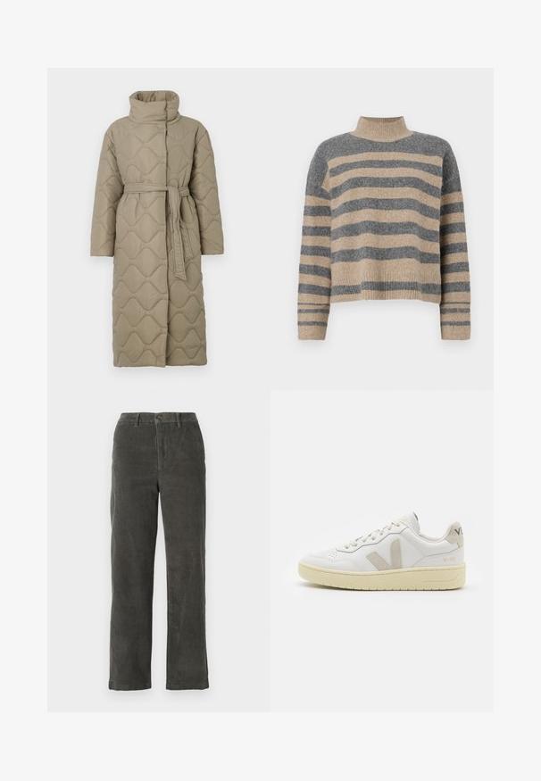 Cappotto lungo color taupe trapuntato con alto colletto e cintura in tessuto abbinato legata in vita, caratterizzato da cuciture a motivo ondulato in tutto il capo.; Maglione a righe realizzato in maglia, nei colori grigio e beige, con collo alto, maniche larghe con polsini e una vestibilità rilassata con un design corto.; Pantaloni in velluto a coste grigio con vita, chiusura con bottone frontale e due tasche laterali. Design a gamba dritta e texture a coste.; Sneaker in pelle bianca con dettagli in suede beige, punta perforata, lacci piatti e suola testurizzata color crema. Presenta un logo discreto sul tallone.