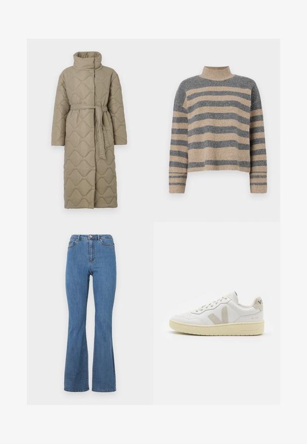 Dolga taupe puhovka s visokim ovratnikom in pasom iz iste tkanine, zavezanim na pasu, ki vsebuje šivane vzorce valov v celotni dolžini.; Prajčast pulover z šivi v sivi in bež barvi, visokim ovratnikom, širokimi manšetami in sproščenim krojem s skrajšano zasnovo.; Modri široki kavbojki iz denima, z visokim pasom, kontrastnim šivanjem in enojnim gumbom na sprednji strani.; Bela usnjena tenisača z bež semiš poudarki, perforiranim prednjim delom, ravnimi vezalkami in strukturiranim kremnim podplatom. Ima diskretno blagovno znamko na peti.