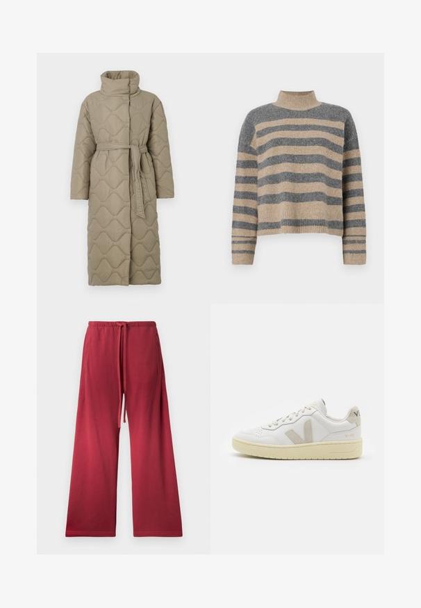 Lang taupe quiltet frakke med høj krave og bælte i matchende stof bundet i taljen, med bølge-mønster syninger over hele.; Striktrøje med striber i grå og beige farver, høj hals, brede manchetærmer og en afslappet pasform med et cropped design.; Røde brede bukser lavet af blødt stof, med elastisk talje og snørre, samt sidelommer for nemhed.; Hvide lærreds sneakers med beige ruskindsdetaljer, perforeret tåboks, flade snørebånd og en struktureret cremefarvet sål. Har diskret branding på hælen.