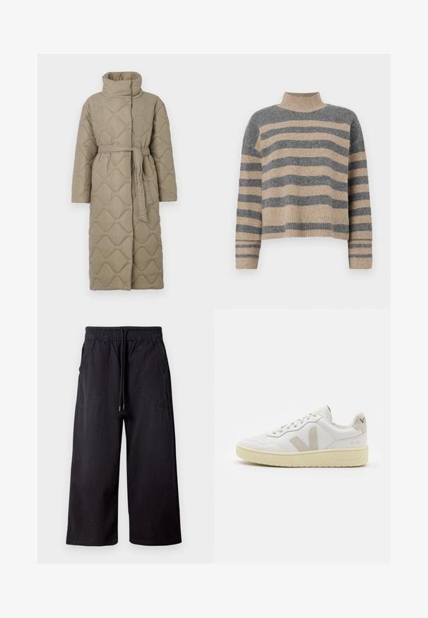 Garšs pelēkbrūns quiltēts mētelis ar augstu apkakli un atbilstošu auduma jostu, kas sasieta ap vidukli, ar viļņu raksta šuvēm visā virsmā.; Raitaināta džemperis ar pelēkajām un bežām krāsām, augstu apkakli, platām aprocēm un brīvu piegriezumu ar īsu dizainu.; Melnas platās bikses, izgatavotas no kokvilnas, ar elastīgu jostas vietu un auklu, divām sānu kabatām un gludu, matētu tekstūru.; Baltas ādas sporta apavu pāris ar bēšiem zamša akcentiem, caurumiņu purngalā, plakanu šņorēšanu un teksturētu krēmkrāsas zoli. Iezīmējas ar diskrētu zīmolu uz papēža.