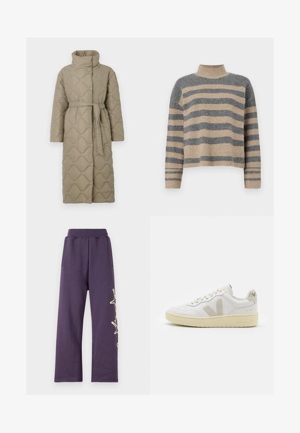 Garšs pelēkbrūns quiltēts mētelis ar augstu apkakli un atbilstošu auduma jostu, kas sasieta ap vidukli, ar viļņu raksta šuvēm visā virsmā.; Raitaināta džemperis ar pelēkajām un bežām krāsām, augstu apkakli, platām aprocēm un brīvu piegriezumu ar īsu dizainu.; Violeta sporta bikses ar elastīgu jostu, sānu kabatām un zelta grafisko dizainu uz kreisās kājas. Mīksts materiāls ar vaļīgu piegriezumu.; Baltas ādas sporta apavu pāris ar bēšiem zamša akcentiem, caurumiņu purngalā, plakanu šņorēšanu un teksturētu krēmkrāsas zoli. Iezīmējas ar diskrētu zīmolu uz papēža.