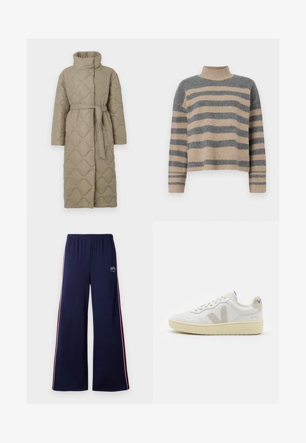 Pikk taupe värvi tikitud mantel kõrge kraega ja sobiva materjalist vööga, mis on seotud vöökohal, ning kogu ulatuses on lainelise mustriga tikand.; Triibuline kudumipusa, millel on hallid ja beezid toonid, kõrge kaelus, laiad mansetid ja vabalt langev lõige koos lühendatud disainiga.; Tumesinine laiad dressipüksid elastse vöökohtaga, valgete ja burgundia punaste külgtriipudega ning väikese GAP NYC logoga vasakul reiel.; Valge nahast tenniseking, millel on beežist siidist aktsent ja aukudega varvas, lame paelad ja tekstureeritud koorevärvi tallad. Omab nüansirikast brändimist kannal.