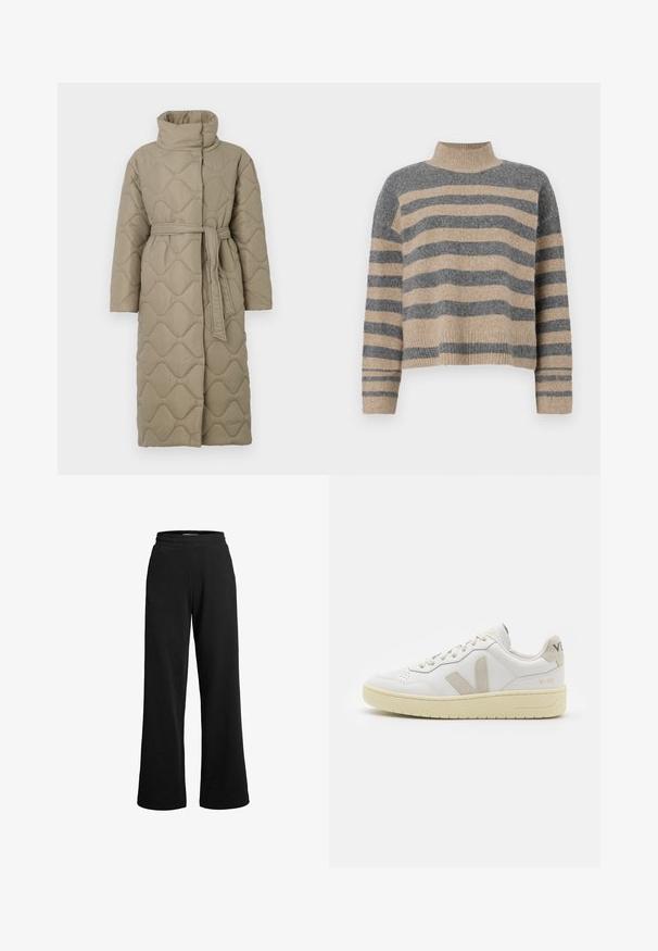 Langer taubefarbener gesteppter Mantel mit hohem Kragen und passendem Stoffgürtel, der in der Taille gebunden ist, mit Wellenmuster-Steppung. ; Gestreifter Strickpullover in Grau- und Beigetönen, mit hohem Kragen, breiten Bündchen an den Ärmeln und einer lockeren Passform im verkürzten Design.; Schwarze Sweathosen mit weitem Bein, aus weichem Stoff gefertigt. Verfügt über einen elastischen Bund und minimalistische Nähte für zusätzlichen Komfort.; Weiße Ledersneaker mit beigen Wildlederakzenten, perforierte Zehenbox, flache Schnürsenkel und eine strukturierte cremefarbene Sohle. Mit dezentem Branding an der Ferse.