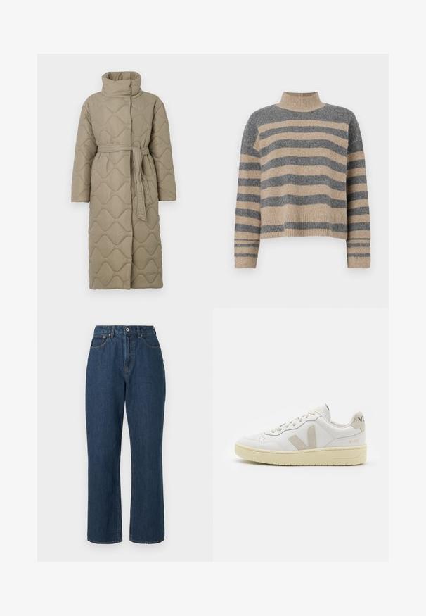 Długi, taupe'owy, pikowany płaszcz z wysokim kołnierzem i pasującym paskiem z materiału związanym w talii, z falistym wzorem przeszyć na całej powierzchni.; Sweter w paski z dzianiny w kolorach szaro-beżowych, z wysokim kołnierzem, szerokimi rękawami na mankietach i luźnym krojem z krótką długością.; Niebieskie dżinsy z wysokim stanem, szerokimi nogawkami, widocznym stebnowaniem i pojedynczym zapięciem z przodu na guzik. Teksturowana tkanina o gładkim wykończeniu.; Białe skórzane trampki z beżowymi zamszowymi akcentami, perforowanym noskiem, płaskimi sznurowadłami i teksturowaną kremową podeszwą. Posiadają subtelne logo na pięcie.