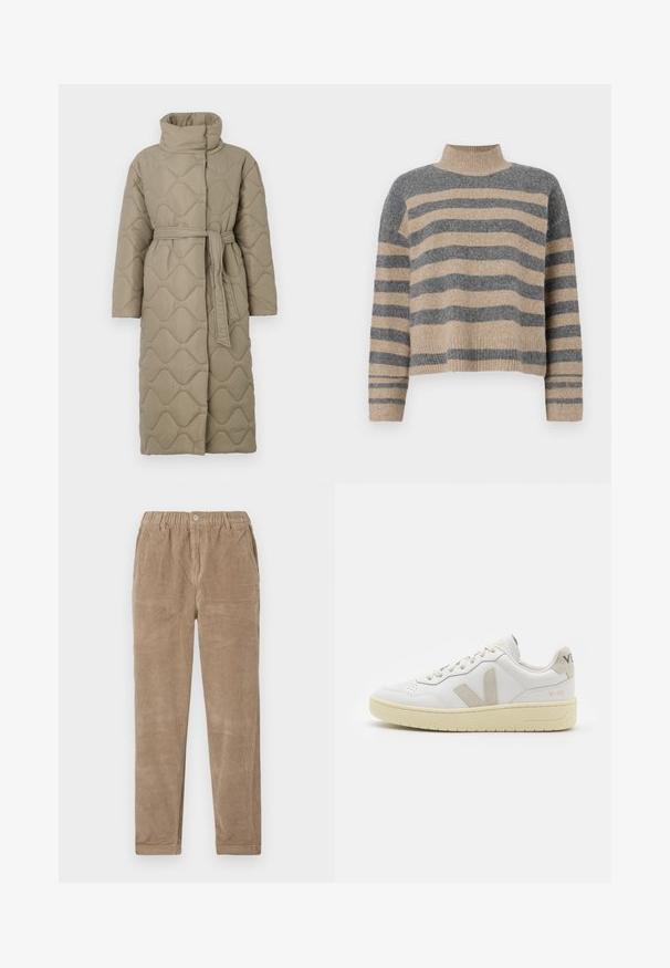 Langer taubefarbener gesteppter Mantel mit hohem Kragen und passendem Stoffgürtel, der in der Taille gebunden ist, mit Wellenmuster-Steppung. ; Gestreifter Strickpullover in Grau- und Beigetönen, mit hohem Kragen, breiten Bündchen an den Ärmeln und einer lockeren Passform im verkürzten Design.; Braune Cord-Hosen mit elastischem Bund, flachen Fronttaschen und geradem Bein. Weiche Textur und geripptes Muster.; Weiße Ledersneaker mit beigen Wildlederakzenten, perforierte Zehenbox, flache Schnürsenkel und eine strukturierte cremefarbene Sohle. Mit dezentem Branding an der Ferse.