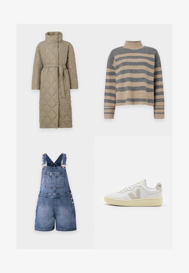 Dolga taupe puhovka s visokim ovratnikom in pasom iz iste tkanine, zavezanim na pasu, ki vsebuje šivane vzorce valov v celotni dolžini.; Prajčast pulover z šivi v sivi in bež barvi, visokim ovratnikom, širokimi manšetami in sproščenim krojem s skrajšano zasnovo.; Modre denim kratke kombinezone z nastavljivimi naramnicami, sprednjimi in zadnjimi žepi ter gumbi za zapiranje na straneh.; Bela usnjena tenisača z bež semiš poudarki, perforiranim prednjim delom, ravnimi vezalkami in strukturiranim kremnim podplatom. Ima diskretno blagovno znamko na peti.