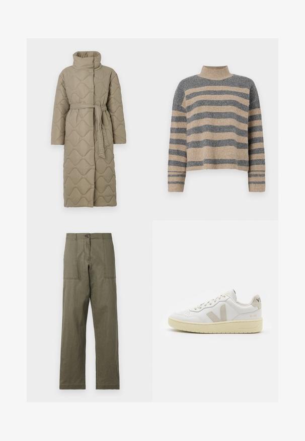 Casaco longo em taupe, acolchoado, com gola alta e cinto de tecido a condizer atado à cintura, apresentando um acolchoado em padrão de ondas por toda a parte.; Sweater de malha às riscas com cores cinza e bege, gola alta, mangas largas com punhos e um corte solto com design cropped.; Calças verdes-azeitona em algodão, com um corte reto, dois grandes bolsos laterais e fecho com botão na cintura.; Sapatilha de couro branca com detalhes em camurça bege, biqueira perfurada, atacadores planos e sola texturizada creme. Apresenta uma marcação subtil no calcanhar.