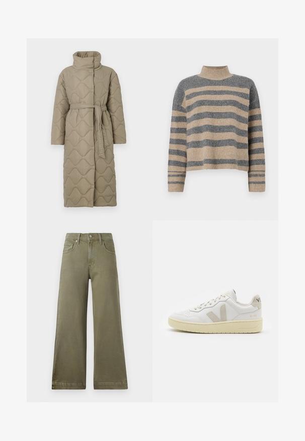 Hosszú taupe színű steppelt kabát magas gallérral és azonos anyagból készült övvel, amely a deréknál van megkötve, hullámmintás varrással az egész felületen.; Csíkos kötött pulóver szürke és bézs színekkel, magas gallérral, széles mandzsettás ujjal és laza, rövidített fazonnal.; Olíva zöld, széles láboptikás nadrág, puha, struktúrált anyagból készült. Övbújtatókkal, cipzáros, gombos záródással és elülső zsebekkel rendelkezik.; Fehér bőr sneaker bézs velúr részletekkel, perforált orr résszel, lapos fűzőkkel és textúrált krémszínű talppal. Finom márkajelzés található a sarkán.