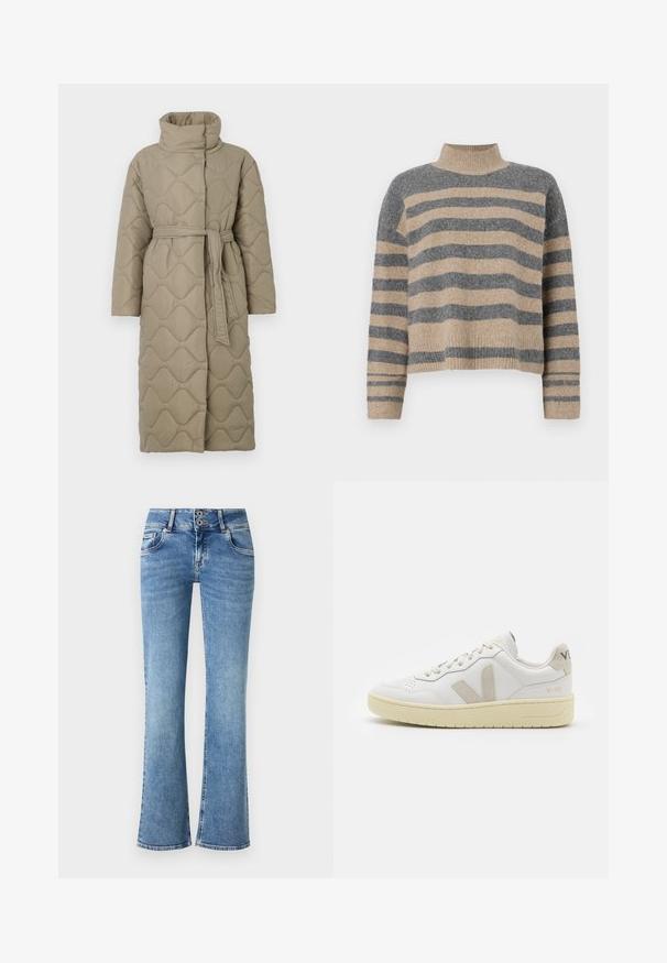 Pikk taupe värvi tikitud mantel kõrge kraega ja sobiva materjalist vööga, mis on seotud vöökohal, ning kogu ulatuses on lainelise mustriga tikand.; Triibuline kudumipusa, millel on hallid ja beezid toonid, kõrge kaelus, laiad mansetid ja vabalt langev lõige koos lühendatud disainiga.; Sinine denimist flared teksapüksid kõrge vöökohaga, topelt-nuppude sulgemine, viis taskut ja õmbluste peal olev tikand.; Valge nahast tenniseking, millel on beežist siidist aktsent ja aukudega varvas, lame paelad ja tekstureeritud koorevärvi tallad. Omab nüansirikast brändimist kannal.