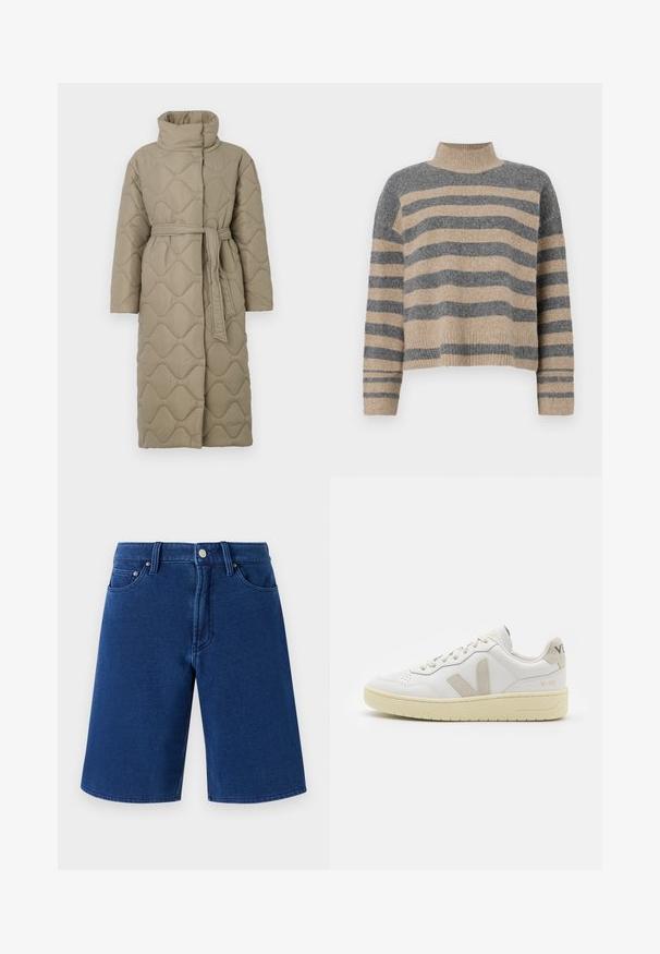 Manteau long en taupe matelassé avec col haut et ceinture en tissu assorti nouée à la taille, présentant des coutures en motif de vagues sur l'ensemble.; Pull en maille rayé aux couleurs grises et beiges, col haut, manches large à poignet, coupe décontractée avec un design court.; Shorts en denim bleu avec une coupe droite, design à cinq poches, et une taille visible avec un bouton en métal et des passants de ceinture.; Baskets blanches en cuir avec des accents en daim beige, boîte à orteils perforée, lacets plats et semelle texturée crème. Présente un logo discret au talon.