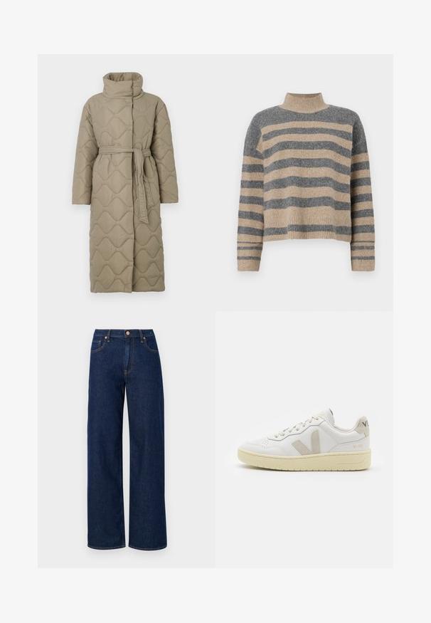 Długi, taupe'owy, pikowany płaszcz z wysokim kołnierzem i pasującym paskiem z materiału związanym w talii, z falistym wzorem przeszyć na całej powierzchni.; Sweter w paski z dzianiny w kolorach szaro-beżowych, z wysokim kołnierzem, szerokimi rękawami na mankietach i luźnym krojem z krótką długością.; Niebieskie dżinsowe spodnie typu wide-leg z wysokim stanem, z pomarańczowymi szwami i metalowym zapięciem. Czysta, prosta forma bez ozdób.; Białe skórzane trampki z beżowymi zamszowymi akcentami, perforowanym noskiem, płaskimi sznurowadłami i teksturowaną kremową podeszwą. Posiadają subtelne logo na pięcie.