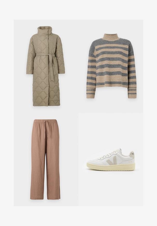 Lång taupe-färgad vadderad kappa med hög krage och matchande tygskärp knutet i midjan, med en vågmönstrad sömnad genom hela plagget.; Randig stickad tröja i grå och beige färger, hög krage, vida manschetter och avslappnad passform med en cropped design.; Ljusbruna linnebyxor med vida ben, elastisk midja och dragsko. Har en slät yta och är ankellånga.; Vita lädersneakers med beige mockadetaljer, perforerad tåbox, platta snören och en texturerad krämfärgad sula. Har diskret varumärkning på hälen.