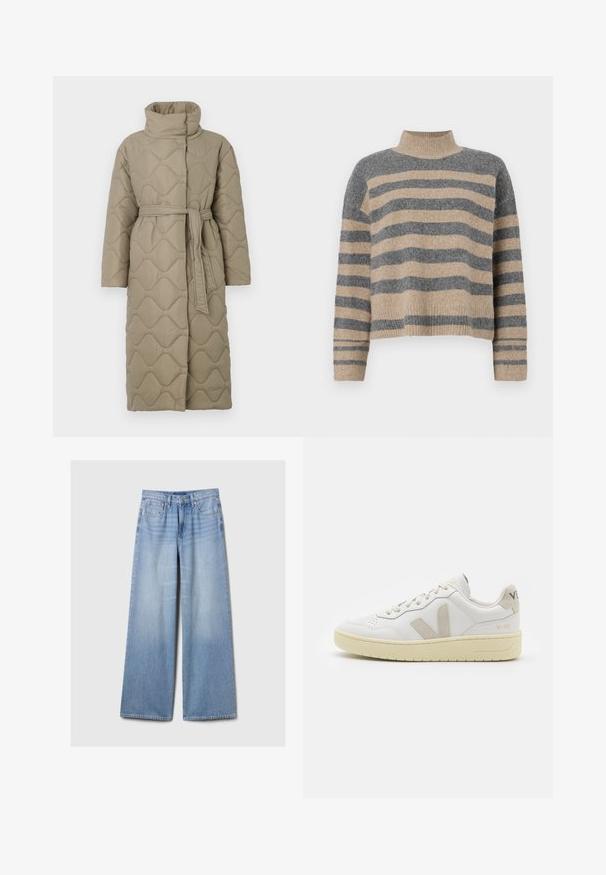 Garšs pelēkbrūns quiltēts mētelis ar augstu apkakli un atbilstošu auduma jostu, kas sasieta ap vidukli, ar viļņu raksta šuvēm visā virsmā.; Raitaināta džemperis ar pelēkajām un bežām krāsām, augstu apkakli, platām aprocēm un brīvu piegriezumu ar īsu dizainu.; Gaiši zili platajakas džinsu bikses ar priekšējām kabatām, jostas cilpiņām un pogu un rāvējslēdzēja aizdari.; Baltas ādas sporta apavu pāris ar bēšiem zamša akcentiem, caurumiņu purngalā, plakanu šņorēšanu un teksturētu krēmkrāsas zoli. Iezīmējas ar diskrētu zīmolu uz papēža.