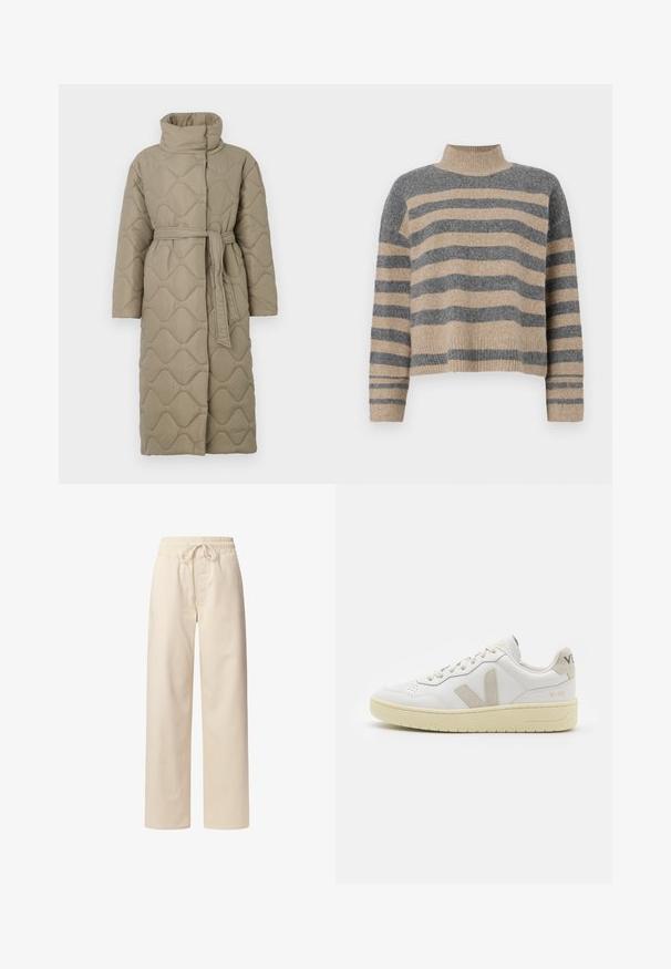 Garšs pelēkbrūns quiltēts mētelis ar augstu apkakli un atbilstošu auduma jostu, kas sasieta ap vidukli, ar viļņu raksta šuvēm visā virsmā.; Raitaināta džemperis ar pelēkajām un bežām krāsām, augstu apkakli, platām aprocēm un brīvu piegriezumu ar īsu dizainu.; Beige kokvilnas bikses ar elastīgu jostasvietu un auklu. Platu kāju dizains ar gludu tekstūru un bez redzamām rakstām vai akcentiem.; Baltas ādas sporta apavu pāris ar bēšiem zamša akcentiem, caurumiņu purngalā, plakanu šņorēšanu un teksturētu krēmkrāsas zoli. Iezīmējas ar diskrētu zīmolu uz papēža.