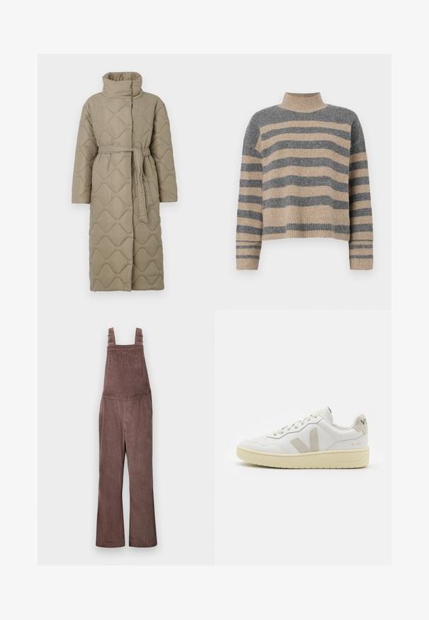 Ilgas taupe spalvos siuvinėtas paltas su aukštu apykakle ir derančiu audinio diržu, suvytu juosmenyje, su banguotu raštu siuvinėjimu visame paviršiuje.; Dryžuotas mezginys su pilkos ir smėlio spalvomis, aukštu kaklu, plačiomis rankovėmis su atvartais ir laisvu siluetu, trumpesnio ilgio.; Rudi suede džinsai su reguliuojamomis petnešomis, plačiais kojomis ir vertikaliu raukšlėjimu. Yra šoninės kišenės ir laisvas siluetas.; Balti odiniai sportbačiai su kreminiais zomšos akcentais, perforuota pirštų dalimi, plokščiomis raišteliais ir struktūruota kreminėmis padomis. Ant kulno yra subtilus ženklinimas.