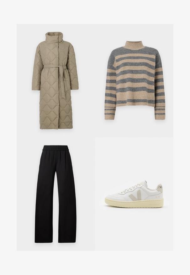 Long taupe quilted coat with high collar and matching fabric belt tied at the waist, featuring wave-pattern stitching throughout.; Striped knit sweater featuring gray and beige colors, high neck, wide cuffed sleeves, and a relaxed fit with a cropped design.; Black wide-leg pants with an elastic waistband, featuring a smooth texture and a floor-length design for a relaxed fit.; White leather sneaker with beige suede accents, perforated toe box, flat laces, and a textured cream sole. Features subtle branding on heel.