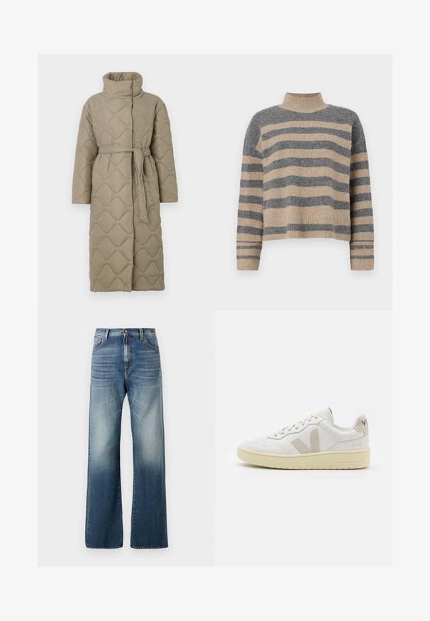 Dugi taupe kaput s kvadrama s visokim ovratnikom i remenom od istog materijala zavezanim u struku, s valovitim uzorkom šivanja kroz cijelu površinu.; Prugasti pleteni džemper u sivoj i bež boji, s visokim ovratnikom, širokim rukavima s manžetama i opuštenim krojem koji je skraćen.; Široke plave traperice s izblijedjelim finišem, s dugmetom za zatvaranje i klasičnim dizajnom od pet džepova. Glatka tekstura kroz cijeli materijal.; Bijele kožne tenisice s bež nubuk naglascima, perforiranim prednjim dijelom, ravnim čipkama i teksturiranom kremastom potplatom. Sadrži suptilni brend na pete.