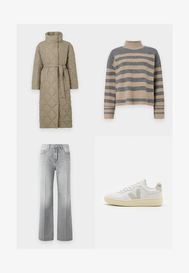 Ilgas taupe spalvos siuvinėtas paltas su aukštu apykakle ir derančiu audinio diržu, suvytu juosmenyje, su banguotu raštu siuvinėjimu visame paviršiuje.; Dryžuotas mezginys su pilkos ir smėlio spalvomis, aukštu kaklu, plačiomis rankovėmis su atvartais ir laisvu siluetu, trumpesnio ilgio.; Pilki platūs džinsai, pagaminti iš džinsinio audinio, su išblukusiu įvaizdžiu, priekinių kišenių ir mygtukų užsegimu. Lygus paviršius ir tolygūs siūlės.; Balti odiniai sportbačiai su kreminiais zomšos akcentais, perforuota pirštų dalimi, plokščiomis raišteliais ir struktūruota kreminėmis padomis. Ant kulno yra subtilus ženklinimas.