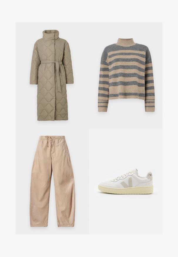 Langer taubefarbener gesteppter Mantel mit hohem Kragen und passendem Stoffgürtel, der in der Taille gebunden ist, mit Wellenmuster-Steppung. ; Gestreifter Strickpullover in Grau- und Beigetönen, mit hohem Kragen, breiten Bündchen an den Ärmeln und einer lockeren Passform im verkürzten Design.; Beige Baumwoll-Hosen mit weitem Bein, einem elastischen Bund und Kordelzug, ausgestattet mit seitlichen Taschen und einer glatten, leichten Textur.; Weiße Ledersneaker mit beigen Wildlederakzenten, perforierte Zehenbox, flache Schnürsenkel und eine strukturierte cremefarbene Sohle. Mit dezentem Branding an der Ferse.