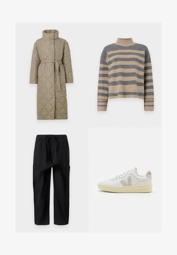 Hosszú taupe színű steppelt kabát magas gallérral és azonos anyagból készült övvel, amely a deréknál van megkötve, hullámmintás varrással az egész felületen.; Csíkos kötött pulóver szürke és bézs színekkel, magas gallérral, széles mandzsettás ujjal és laza, rövidített fazonnal.; Fekete pamut cargo nadrág laza szabással, rugalmas derékkal és több oldalsó zsebbel a praktikus használat érdekében.; Fehér bőr sneaker bézs velúr részletekkel, perforált orr résszel, lapos fűzőkkel és textúrált krémszínű talppal. Finom márkajelzés található a sarkán.