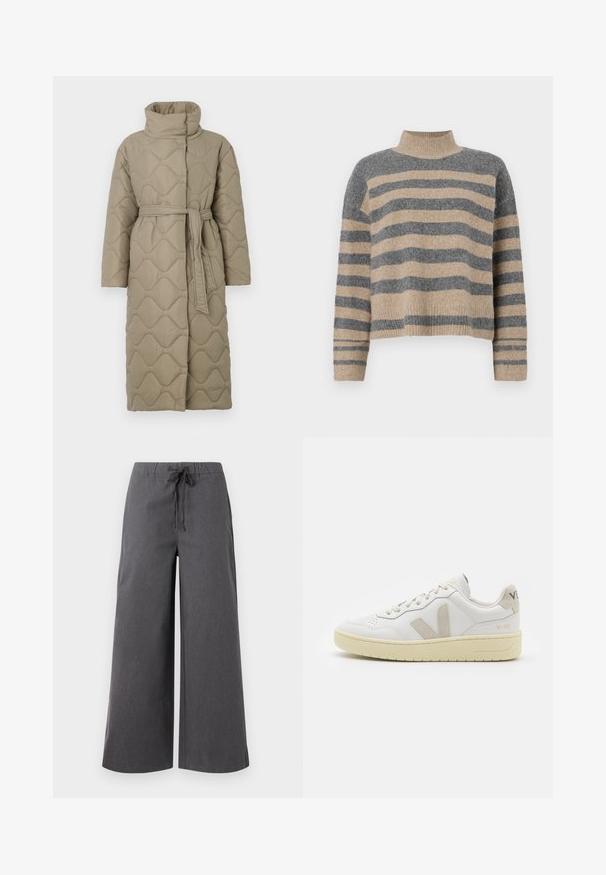Cappotto lungo color taupe trapuntato con alto colletto e cintura in tessuto abbinato legata in vita, caratterizzato da cuciture a motivo ondulato in tutto il capo.; Maglione a righe realizzato in maglia, nei colori grigio e beige, con collo alto, maniche larghe con polsini e una vestibilità rilassata con un design corto.; Pantaloni larghi di colore grigio scuro realizzati in un tessuto morbido, con una vita elastica e un cordino, e dettagli di cucitura minimi.; Sneaker in pelle bianca con dettagli in suede beige, punta perforata, lacci piatti e suola testurizzata color crema. Presenta un logo discreto sul tallone.