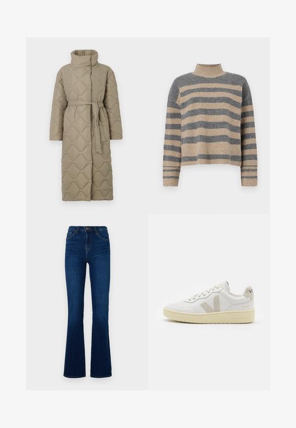 Dugi taupe kaput s kvadrama s visokim ovratnikom i remenom od istog materijala zavezanim u struku, s valovitim uzorkom šivanja kroz cijelu površinu.; Prugasti pleteni džemper u sivoj i bež boji, s visokim ovratnikom, širokim rukavima s manžetama i opuštenim krojem koji je skraćen.; Tamno plave široke traperice od denima s visokim strukom, koje imaju prednje džepove, zatvarač i suptilne šavove.; Bijele kožne tenisice s bež nubuk naglascima, perforiranim prednjim dijelom, ravnim čipkama i teksturiranom kremastom potplatom. Sadrži suptilni brend na pete.