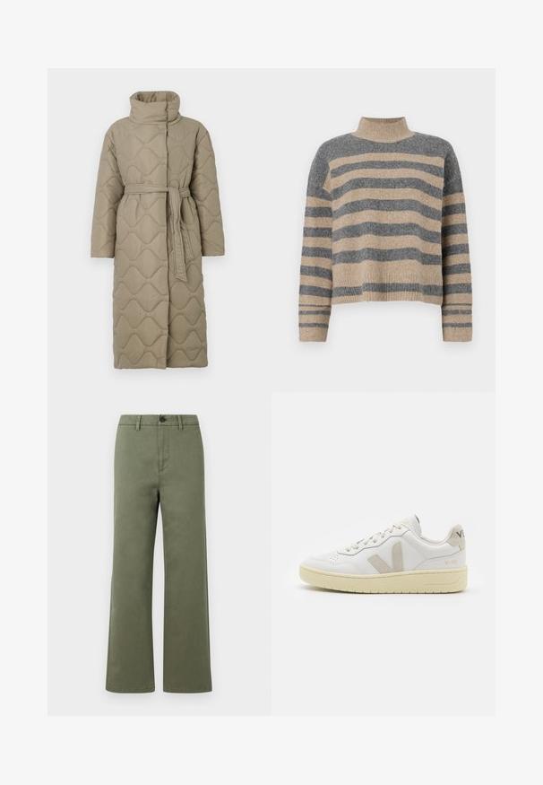 Ilgas taupe spalvos siuvinėtas paltas su aukštu apykakle ir derančiu audinio diržu, suvytu juosmenyje, su banguotu raštu siuvinėjimu visame paviršiuje.; Dryžuotas mezginys su pilkos ir smėlio spalvomis, aukštu kaklu, plačiomis rankovėmis su atvartais ir laisvu siluetu, trumpesnio ilgio.; Olive spalvos tiesios kojos kelnės su diržo kilpomis, mygtuko uždarymu ir priekine užtrauktuko kišene ant vientiso balto fono.; Balti odiniai sportbačiai su kreminiais zomšos akcentais, perforuota pirštų dalimi, plokščiomis raišteliais ir struktūruota kreminėmis padomis. Ant kulno yra subtilus ženklinimas.