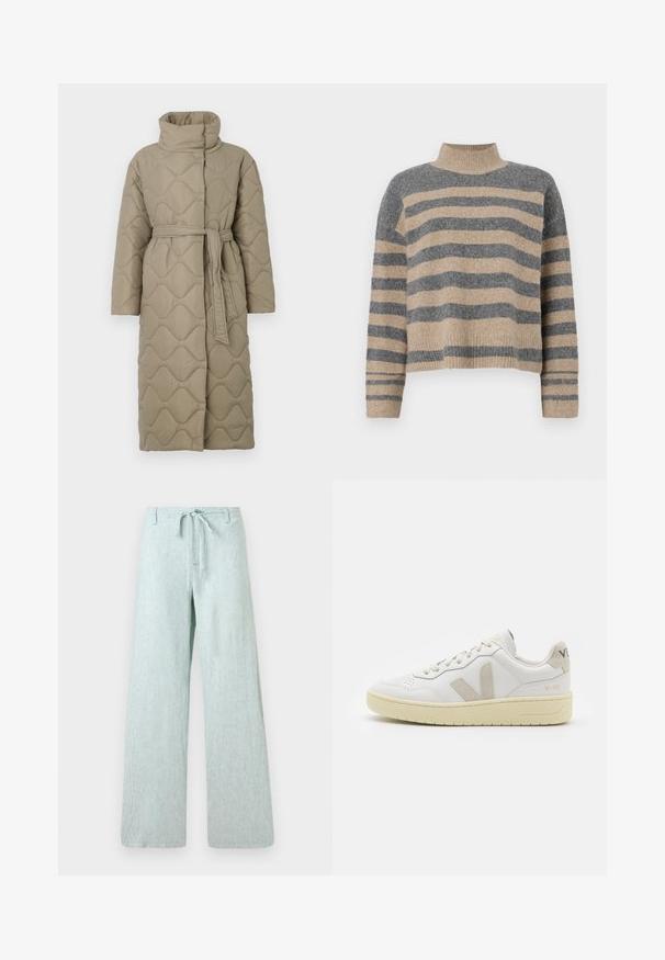 Long taupe quilted coat with high collar and matching fabric belt tied at the waist, featuring wave-pattern stitching throughout.; Striped knit sweater featuring gray and beige colors, high neck, wide cuffed sleeves, and a relaxed fit with a cropped design.; Light green wide-leg pants made of textured fabric. Features a drawstring waist and a button closure, with vertical stripes throughout.; White leather sneaker with beige suede accents, perforated toe box, flat laces, and a textured cream sole. Features subtle branding on heel.